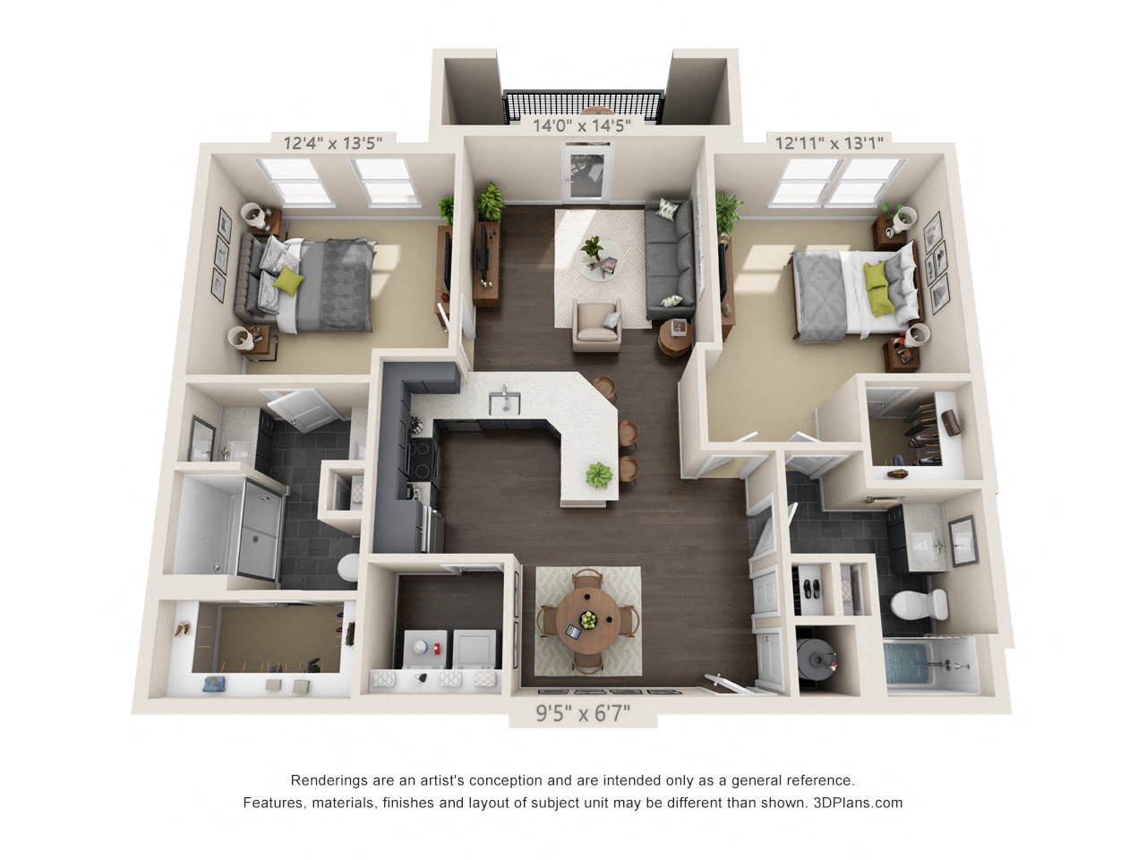 Floor plan for 2 beds, 2 baths, 1199 sqft